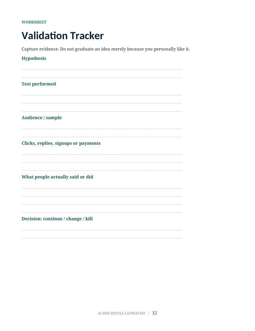 Actual Validation Tracker worksheet from the AI Side Hustle Launch Kit